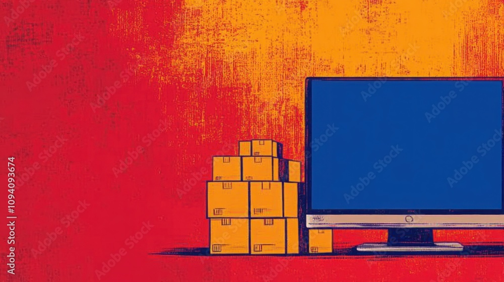 Poster abstract illustration of computer monitor with stacked yellow boxes on red background, representing 