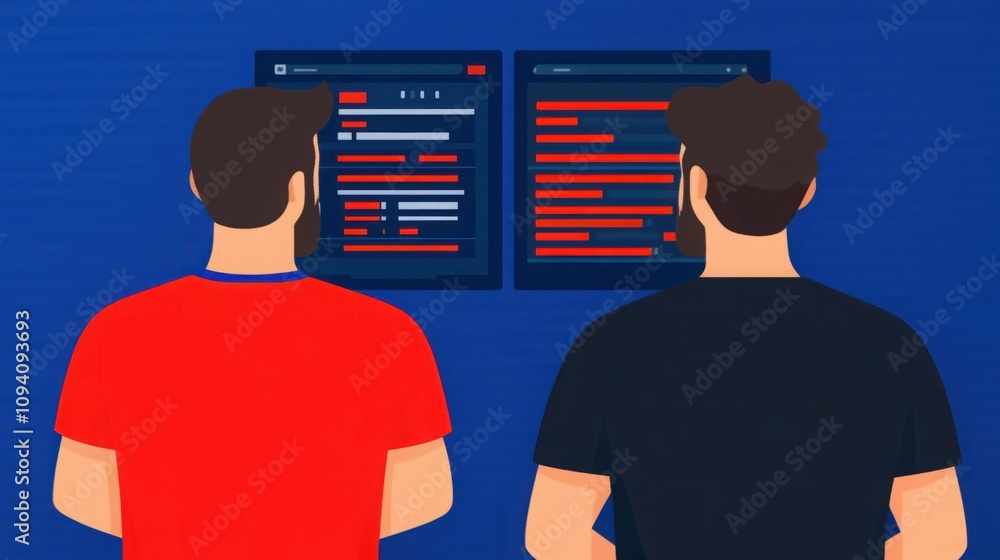 Aufkleber two men collaborating on digital interface with colorful screens in the background, engaged in moder