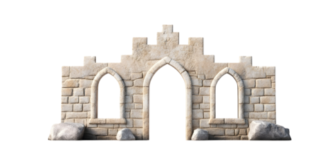 high resolution photograph of classic stone castle with arched windows and textured facade, surrounded by rocks, evokes sense of history and grandeur