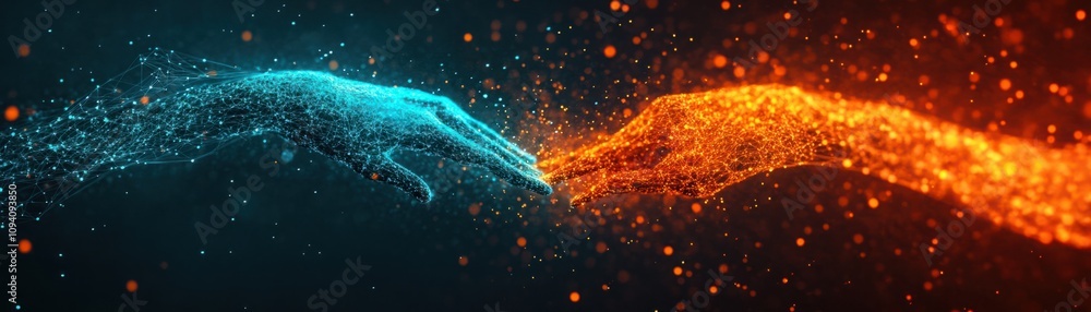 Aufkleber hands of technology reaching out in a digital universe, symbolizing connection, communication, and i