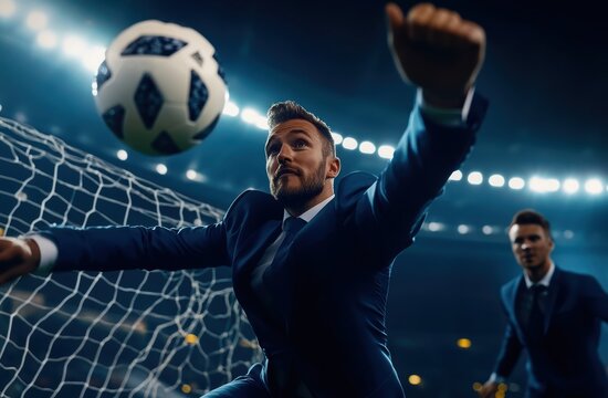a businessman leaping to catch a soccer ball blends business and sports, emphasizing focus and determination.