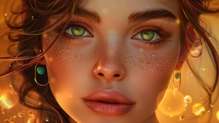 digital painting, with its detailed portrayal of a young woman’s expressive eyes, soft freckles, and vibrant lips, reflects both realism and artistic beauty.