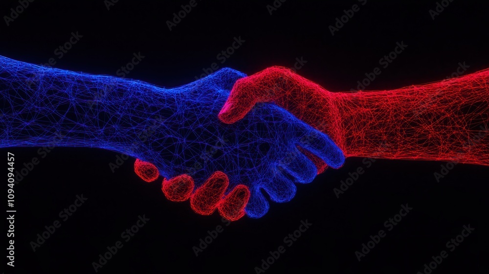 Poster hands shaking in a digital representation of unity, collaboration, and connectivity with blue and re