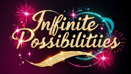 Glittering gold text "Infinite Possibilities" with fireworks and sparkle.