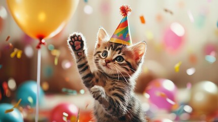 Celebrating feline fun kitten party cozy living room action-packed event colorful atmosphere adorable perspective joyful concept