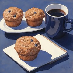 Freshly Baked Muffins on a Plate with a Cup of Coffee Captured in Bright Natural Light, Perfect for Breakfast or Afternoon Snack Inspiration