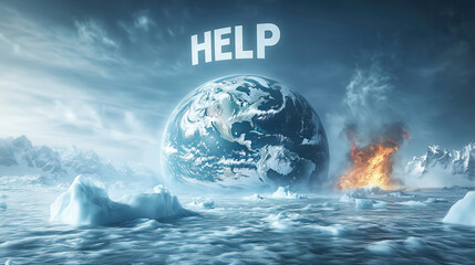 Help! Conceptual representation of Earth's climate crisis depicting the urgent call for action against global warming