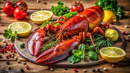 Vibrant Lobster Feast Display on a Rustic Wooden Table with Fresh Ingredients and Herbs, Capturing the Essence of Seafood Dining and Culinary Delights in High Depth of Field Photography