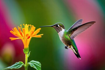 Fototapeta premium Hummingbird Hovering by Vibrant Flower Representing Energy and Vitality
