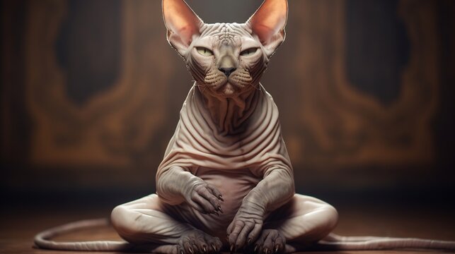 Plump Sphynx Cat Sitting in Playful Pose with Curious Expression