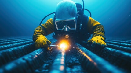 Underwater work diver welding steel for undersea structure repair