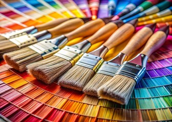 Fototapeta premium Vibrant Macro Photography of Paintbrushes and Color Swatches Capturing Artistic Essence in a Creative Workspace