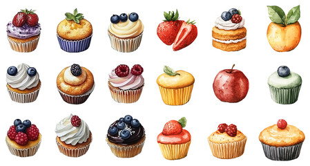 Colorful Watercolor Cupcakes Illustration Collection