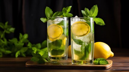 Fototapeta premium Refreshing Lemon Mint Iced Drink with Wooden Backdrop