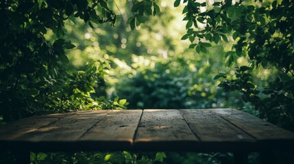 Naklejka premium Natural serenity wooden table amidst lush greenery outdoor setting nature photography tranquil environment close-up perspective
