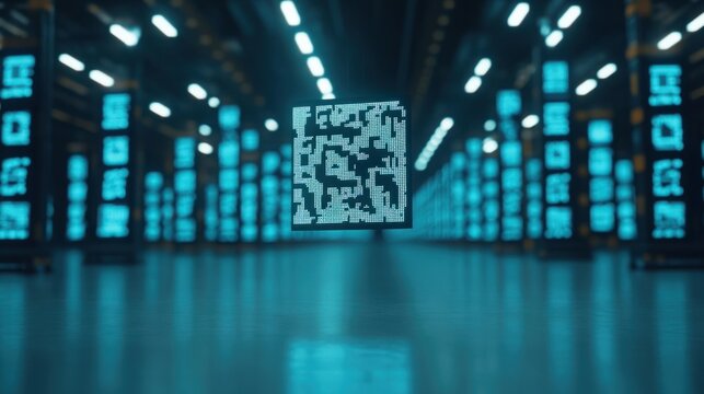 Abstract representation of a floating QR code surrounded by glowing digital screens in a vast modern warehouse, symbolizing technology and connectivity in a digital age.