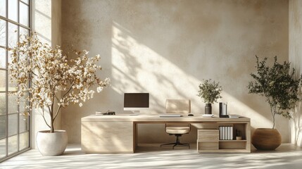 Modern minimalist workspace setup with wooden desk and laptop