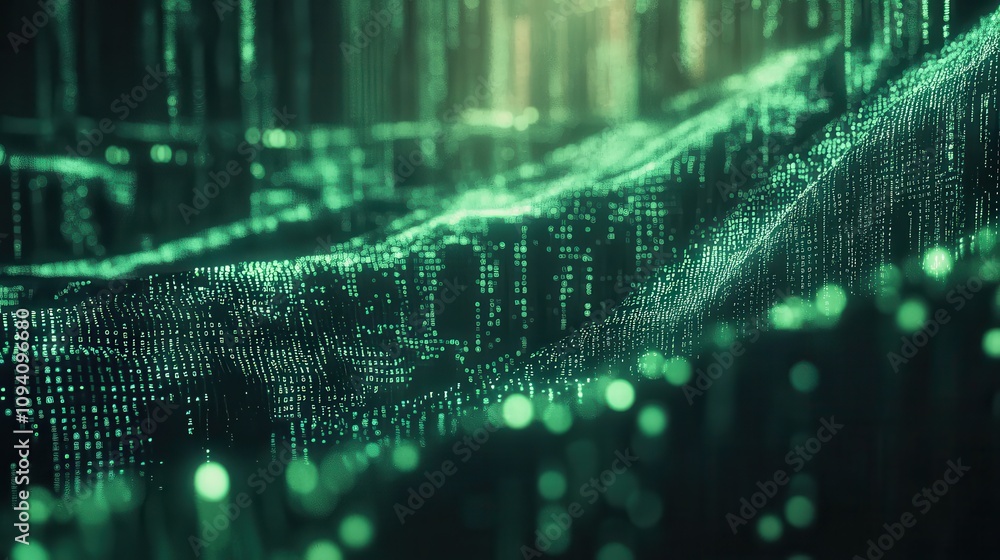 Poster abstract digital landscape with glowing green data points and lines.