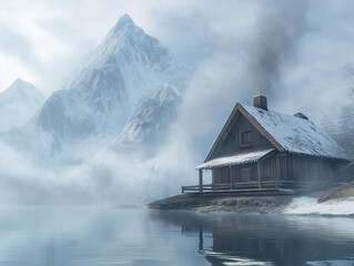 Fototapeta premium Winter mountain cabin reflected icy river snow peaks serene alpine landscape calm lake cozy log home peaceful retreat frost tree scenery, artistic painting seasonal atmosphere, tranquil photography