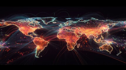 Abstract world map with glowing lines and dots.