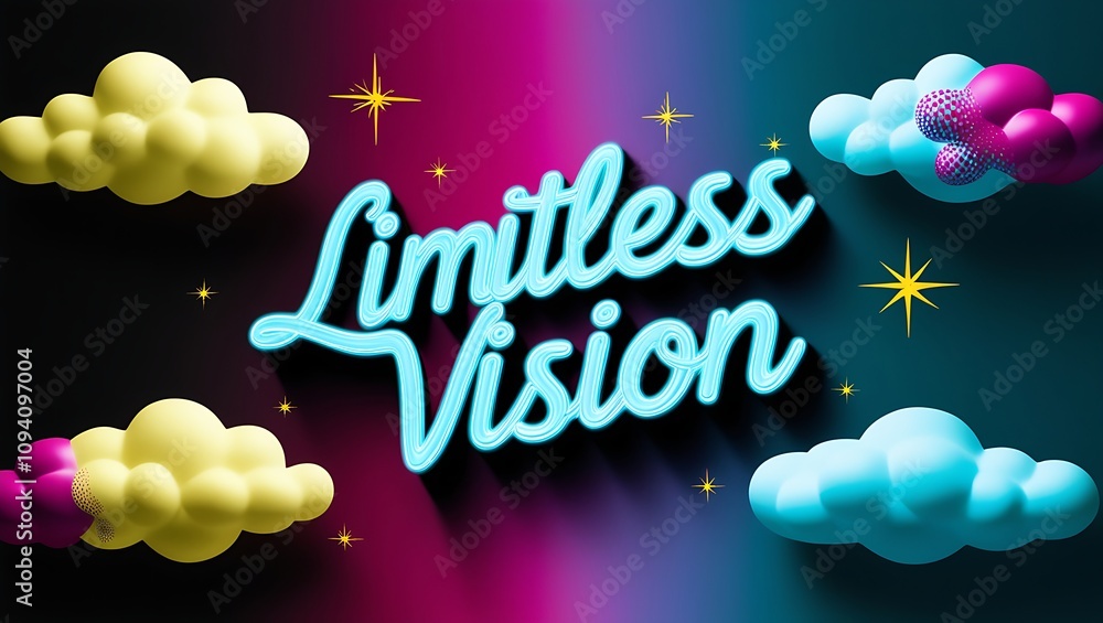 Poster limitless vision 3d text with colorful clouds and stars on a gradient background.