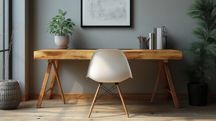 Modern minimalist workspace setup with  desk and laptop