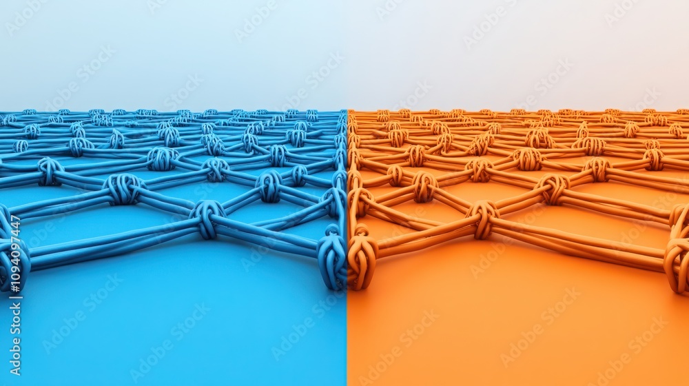 Poster a split image of interconnected blue and orange knots representing collaboration and unity in design
