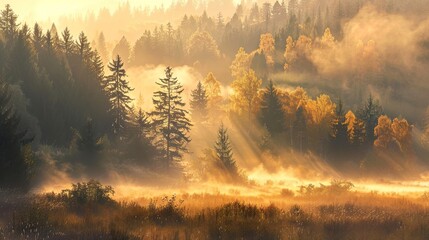 Golden Light Bathes a Misty Forest Clearing - Stunning Nature Photography