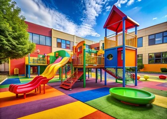 Vibrant Playground Slides in a School Setting: A Colorful Architectural Design for Children’s Recreation and Learning Environments
