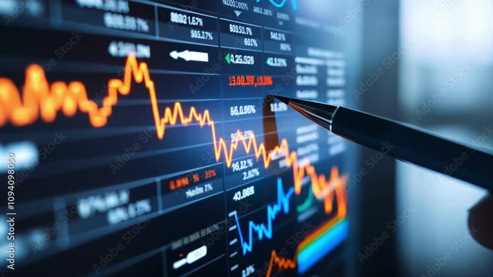 Poster a close-up view of a hand holding a pen, analyzing stock market data with a digital graph displaying