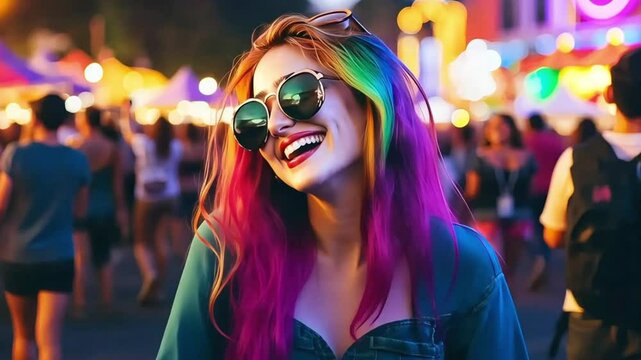 A vibrant image of a smiling woman with colorful hair dancing at a festival, exuding youthful energy and carefree joy