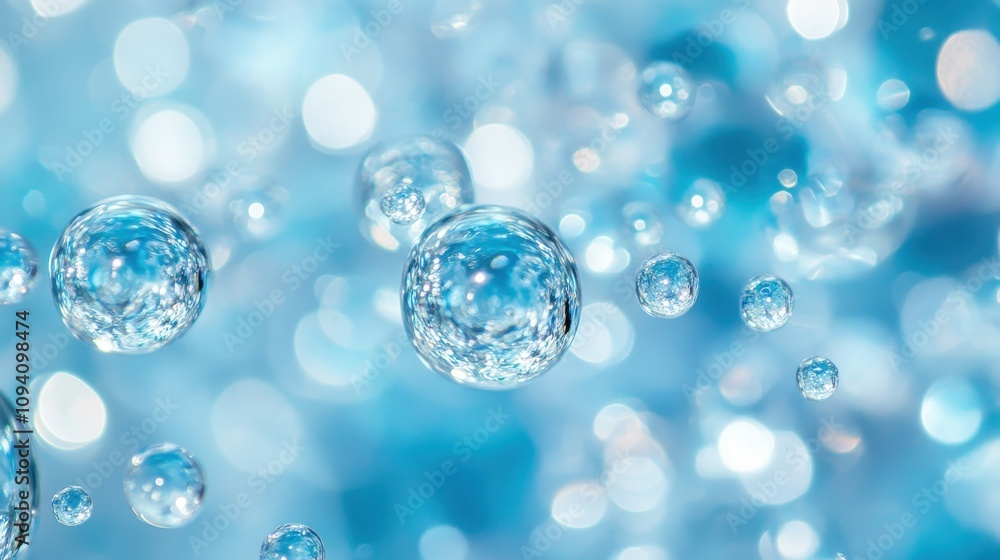 Poster a close-up image of water bubbles against a soft blue background, creating a tranquil effect.
