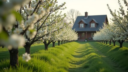 A row of trees with a white house in the background