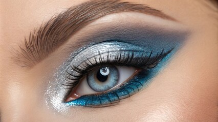 Obraz premium Captured in exquisite detail this image showcases an eye enhanced by shimmering silver and cerulean colors. The interplay of light on the makeup adds depth transforming the eye