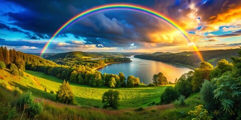 Obraz premium Vibrant Rainbow Arch Over Serene Landscape with Lush Greenery and Clear Blue Sky, Captured in High Depth of Field for Nature and Aesthetic Enthusiasts