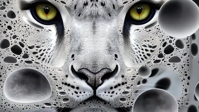 This captivating stock photo features a kaleidoscope of animal themed patterns, highlighting the snow leopard's fur in a mesmerizing display of icy elegance
