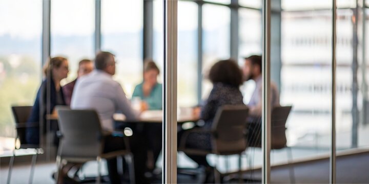 Blurred Conference Room Meeting Through Glass Panels
