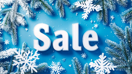 Christmas banner Sale with fir branches and snowflakes on blue background.