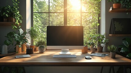 Minimalist workspace setup with wooden desk and laptop