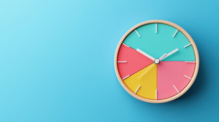 Colorful pie chart clock on blue background, showcasing vibrant sections and modern design. This unique timepiece adds playful touch to any space