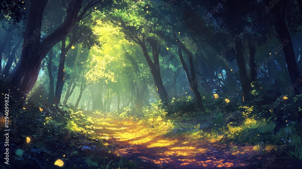 Poster a serene forest path illuminated by sunlight, creating a magical and tranquil atmosphere.
