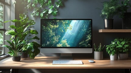 Minimalist workspace setup with wooden desk and laptop