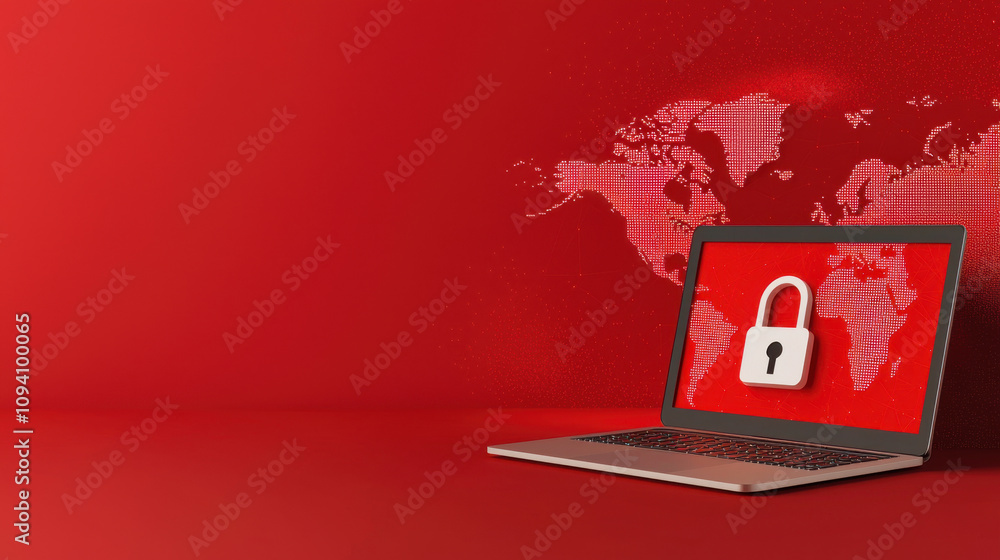 Poster laptop with padlock and cloud icon on red background symbolizes cybersecurity and data protection. w