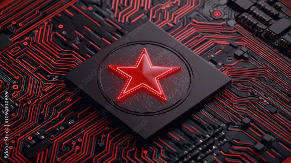 Poster 3d rendering of star logo on circuit board with red lines, showcasing technology and innovation. vib