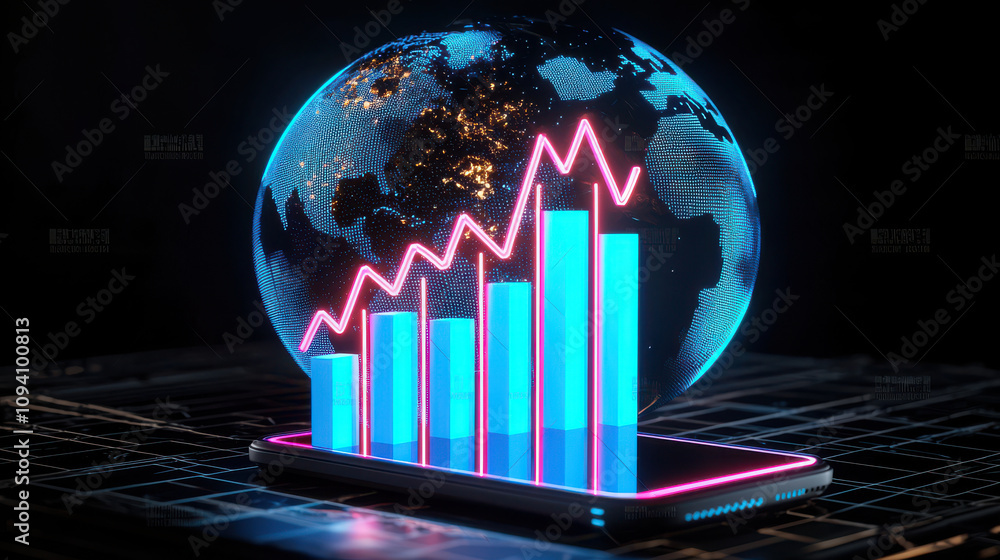 Poster 3d rendering of glowing neon blue and pink bar graph rising on smartphone with globe in background. 