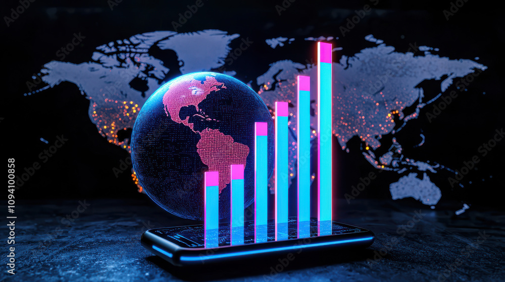 Poster 3d rendering of glowing neon blue and pink bar graph rising above smartphone with world map backgrou