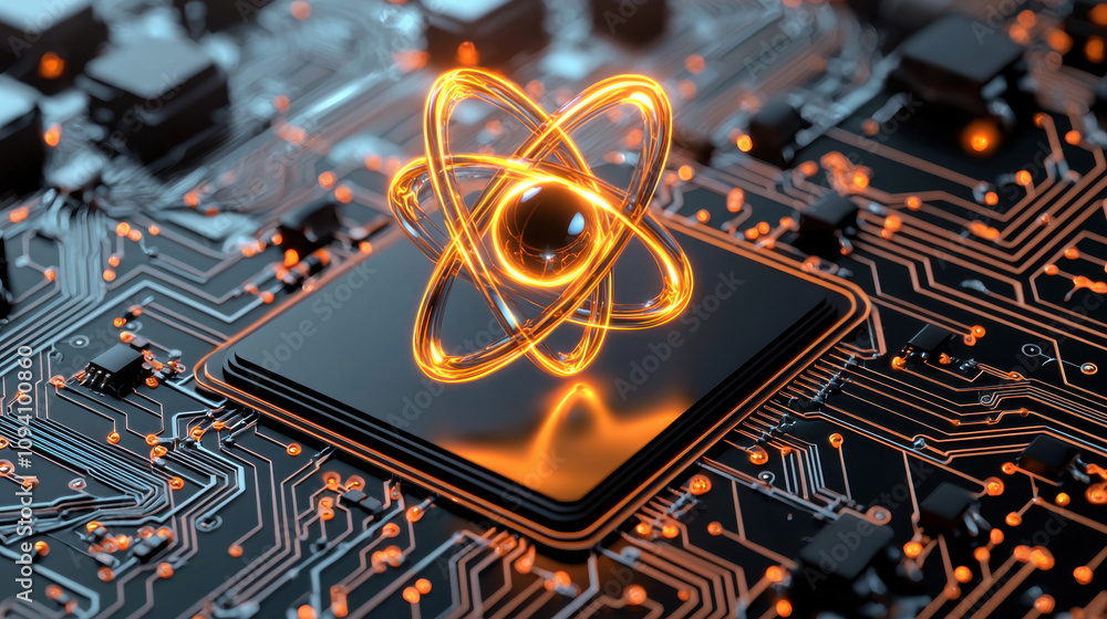 Poster glowing atom symbol on circuit board background represents technology and science. intricate design 