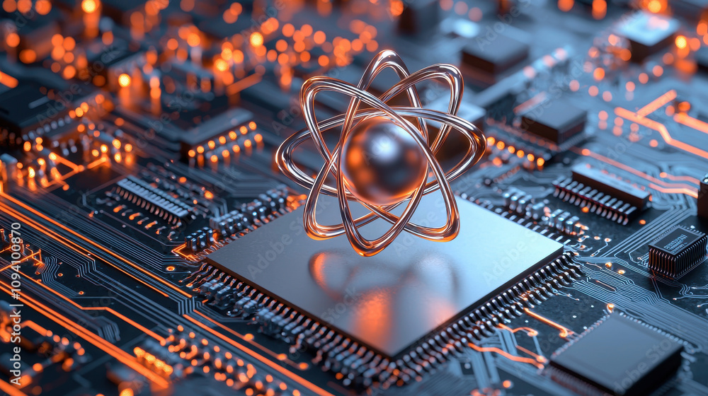 Poster 3d rendering of atom symbol and microchip on circuit board, showcasing technology and innovation. vi