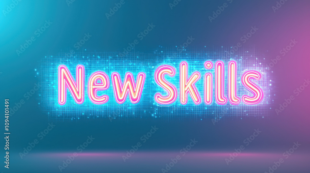 Poster vibrant digital background featuring glowing text that reads new skills, creating energetic and moti