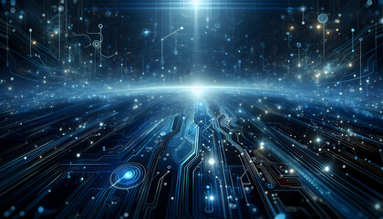 Obraz premium abstract A tech-inspired abstract background with blue glowing circuit board paths, interconnected nodes, an1